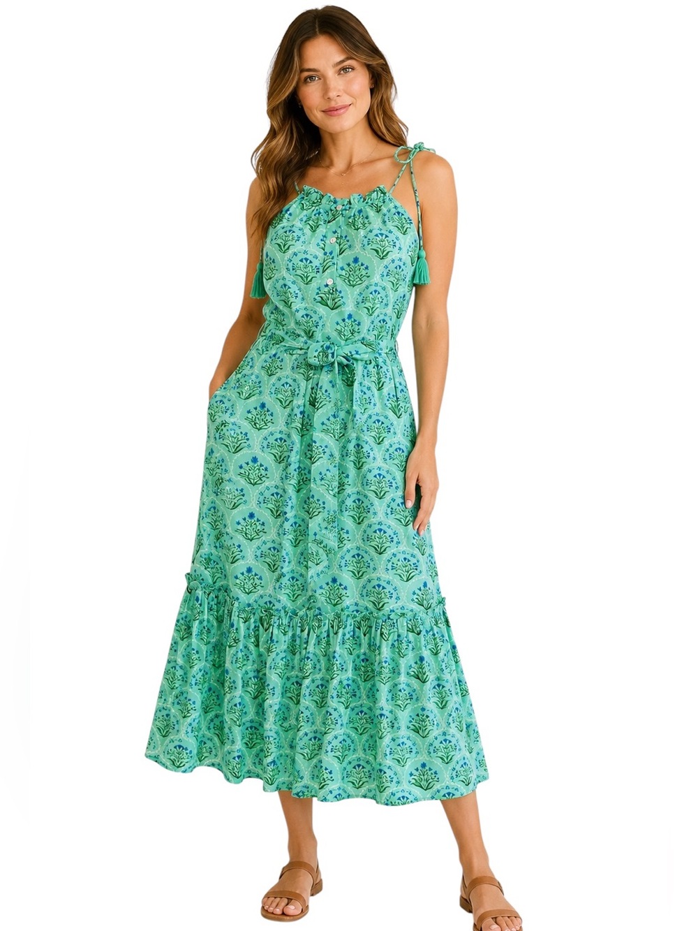 Celina Moon Mint Green Tie Shoulder Midi Dress Tassel Floral Boho Resort NWT XS